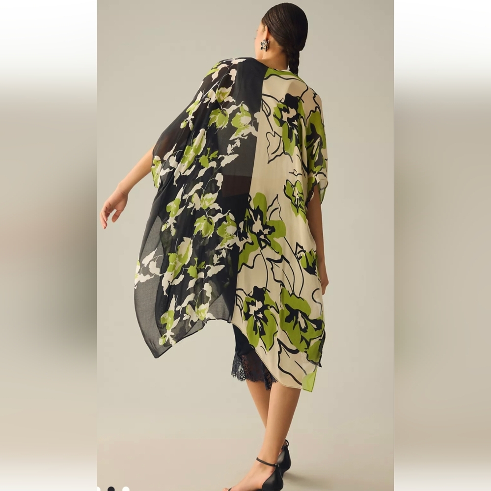 Anthropologie Black, Cream & Lime Floral Open Kimono